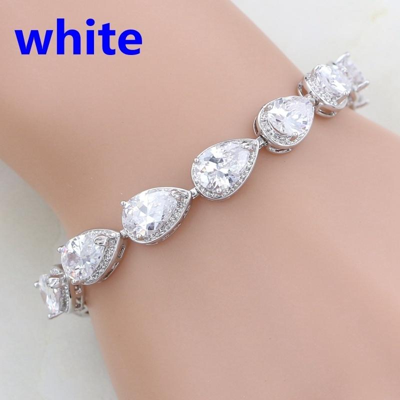 Water Drop Red Garnet CZ 925 Silver Jewelry Length 21cm Link Chain Bracelet for Women Free Gift Box