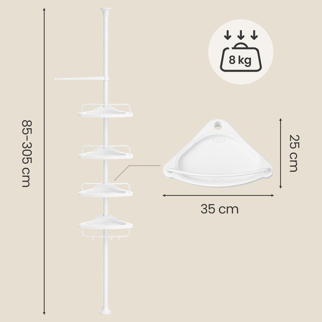 SONGMICS 4-Tier Shower Caddy, Corner Bathroom Shower Shelf, with Towel Bar, Adjustable Height, Rust-Resistant Steel, White