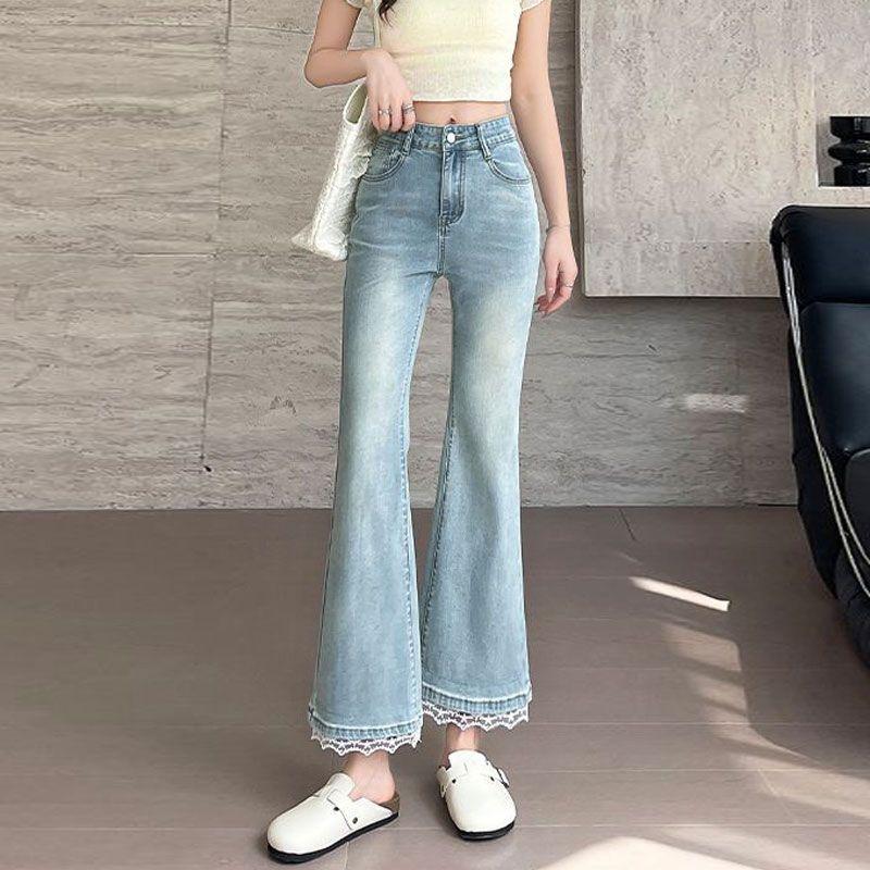 Light Blue Lace Nine Jeans Women Summer Big Yards Pear Shaped Body Thin Elastic Straight Flared Pants Retro Street Style Baggy Long Jeans for Ladies