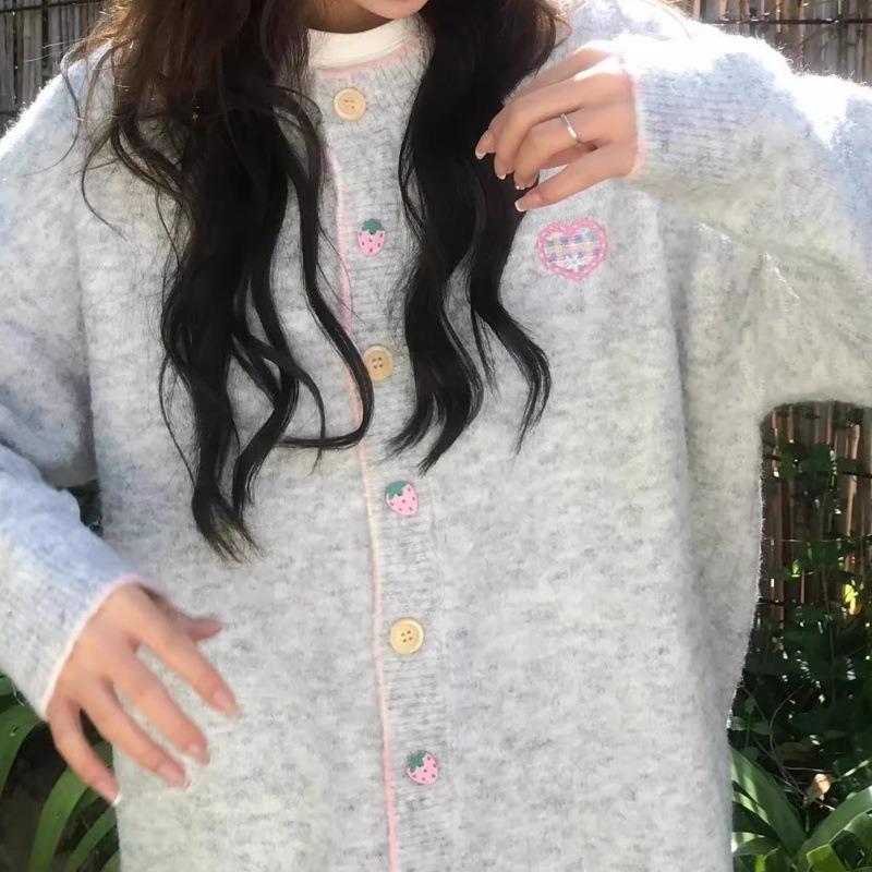 College Style Knitted Cardigan Women's Autumn and Winter New Fun Buttons Lazy Style Soft Waxy Sweater Jacket Loose Top