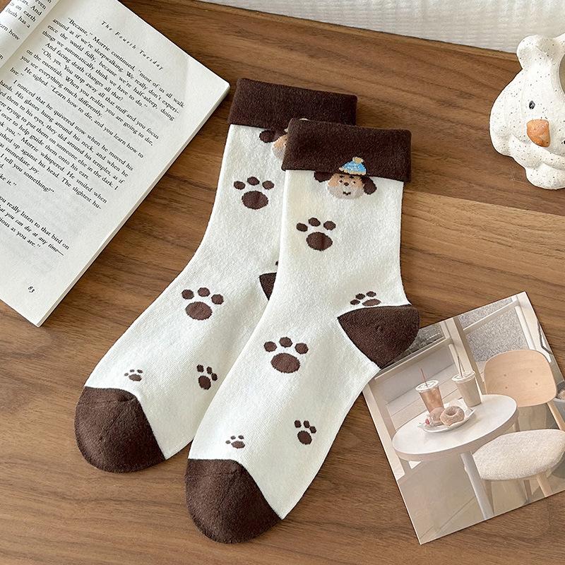 Calcetines de dibujos animados, Calcetines de media caña para mujer de otoño e invierno con bordes festoneados, Calcetines lindos Dui de perro salchicha, Calcetines largos marrones