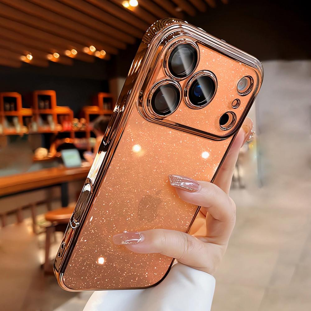 Plating Transparent Sparking Powder Phone Case For iPhone 17 Pro Max 16 15 14 Plus 17 Air Lens Camera Protection Clear Cover