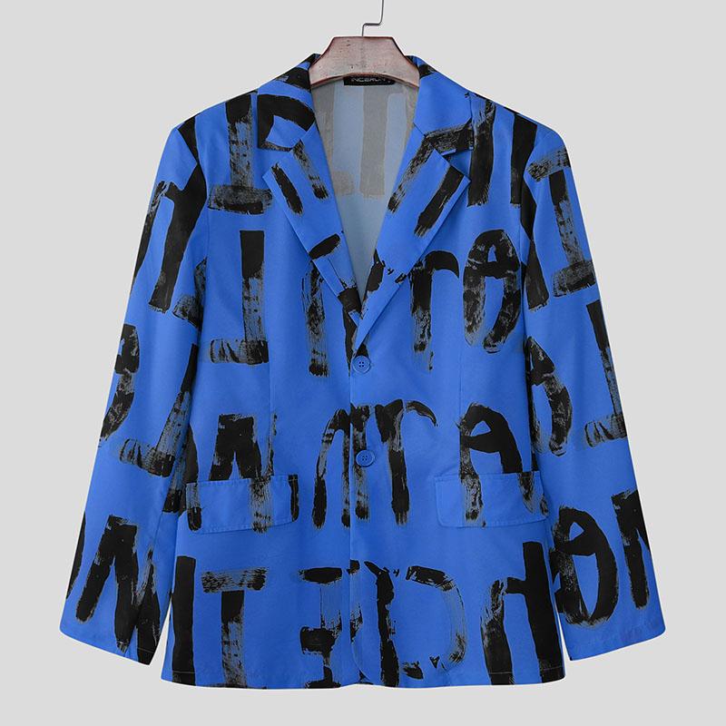 INCERUN Oversized Men Lapel Neck Long Sleeve Print Casual Loose Thin Blazer Coats