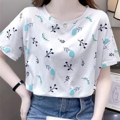Women's Fashion Casual Summer Spring Flower Pattern Print Short Sleeve O-Neck Blouses & Shirts