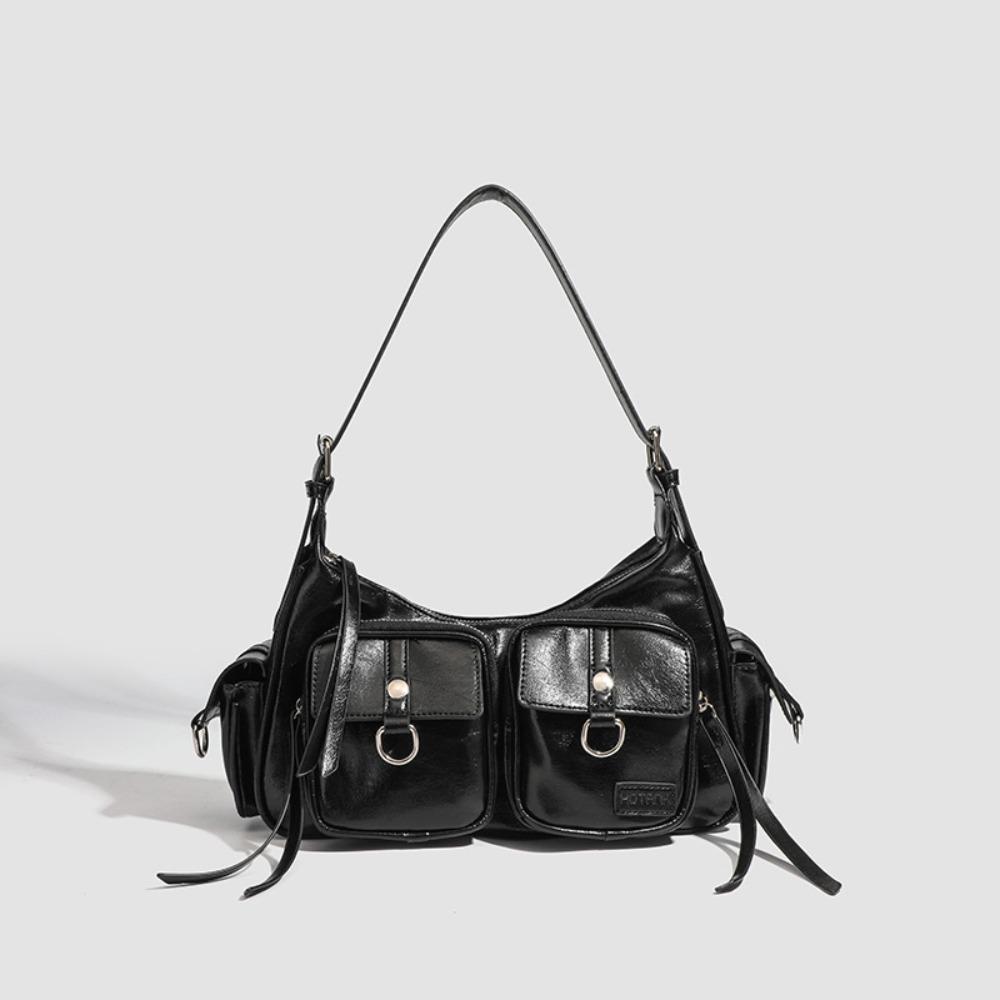 Multi-pocket Retro Shoulder Bag Y2K Motorcycle Bag Portable Locomotive Pack  Girls чёрный