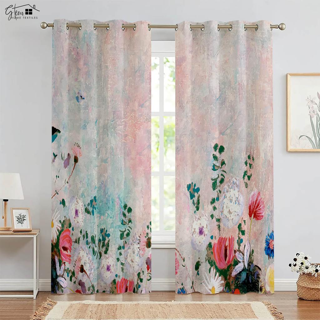 Beautiful Flower 3D Printed Drapes Chinese Style Ink Peony Rose Bed Room Family Room Study Rod Pocket Design Decorative Curtains