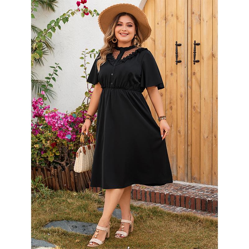 Women's Plus Size Solid Color Dress V Neck Lace Cutout Elegant Dress