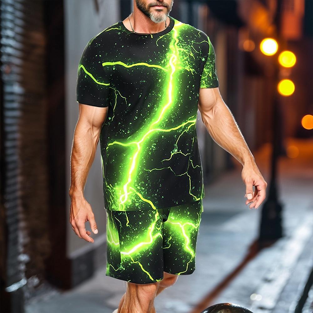 Men s Lightning Tees sets Summer Tops Short Sleeve Short Pants Crew Neck Sport Casual Outdoor Sport Daily Summer S