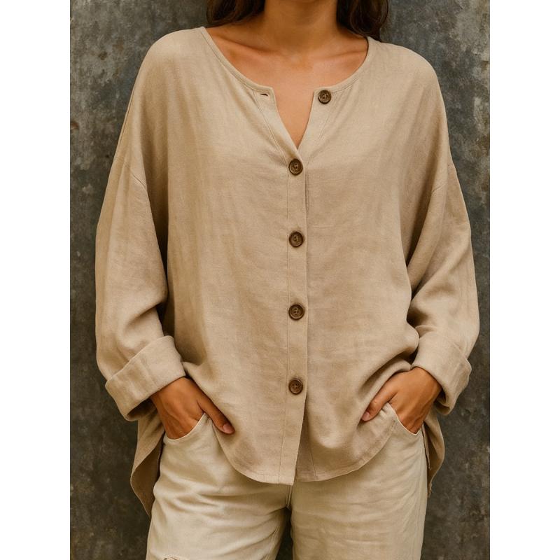 Damen V-Ausschnitt Knopfleiste Bluse Oversize Leinenmischung Freizeithemd