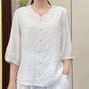 Summer Women's Vintage Embroidery Cotton Linen V-neck Mid Sleeve Casual Loose Fit Women's Clothing