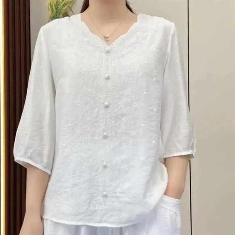 Summer Women's Vintage Embroidery Cotton Linen V-neck Mid Sleeve Casual Loose Fit Women's Clothing