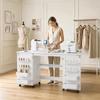 Foldable Sewing Table with 2 Magnetic Doors, Rolling Craft Table with 4 Boxes, 20 Holding Pins, Storage Compartment, White
