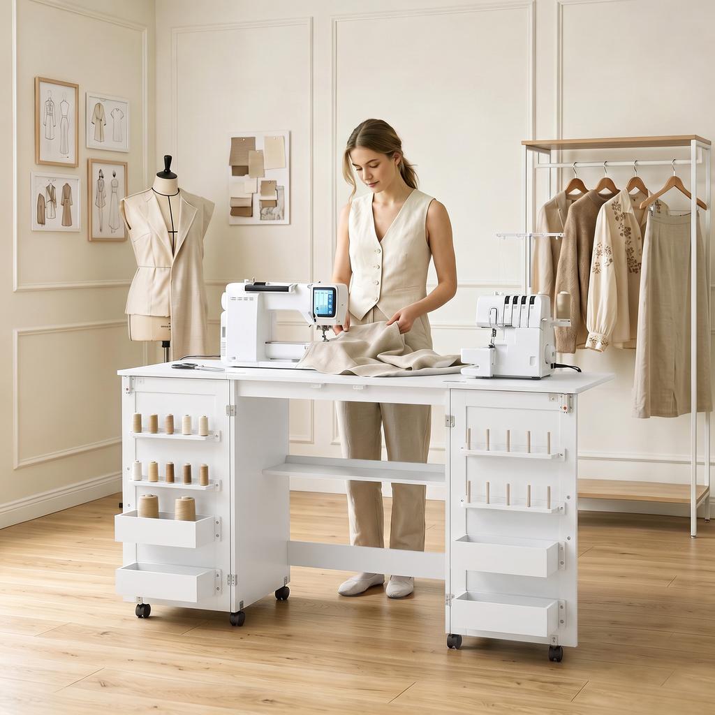 Foldable Sewing Table with 2 Magnetic Doors, Rolling Craft Table with 4 Boxes, 20 Holding Pins, Storage Compartment, White