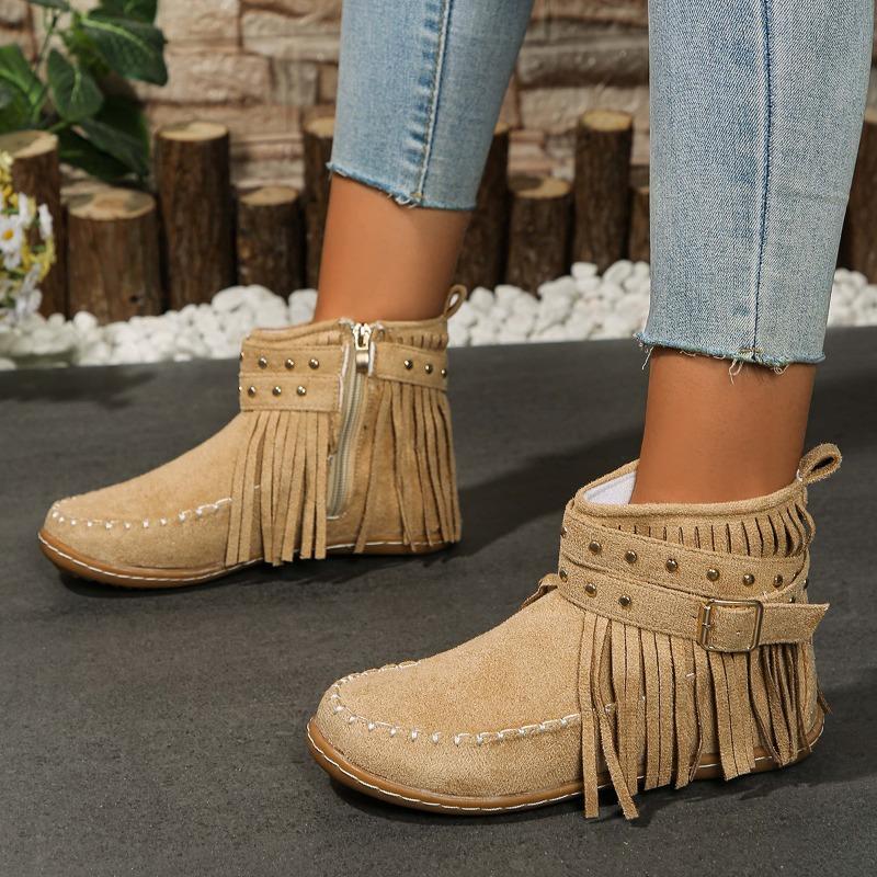 Large size rivet tassel metal buckle with short tube cigarette boots women's autumn and winter new flat bottom warm women's boots