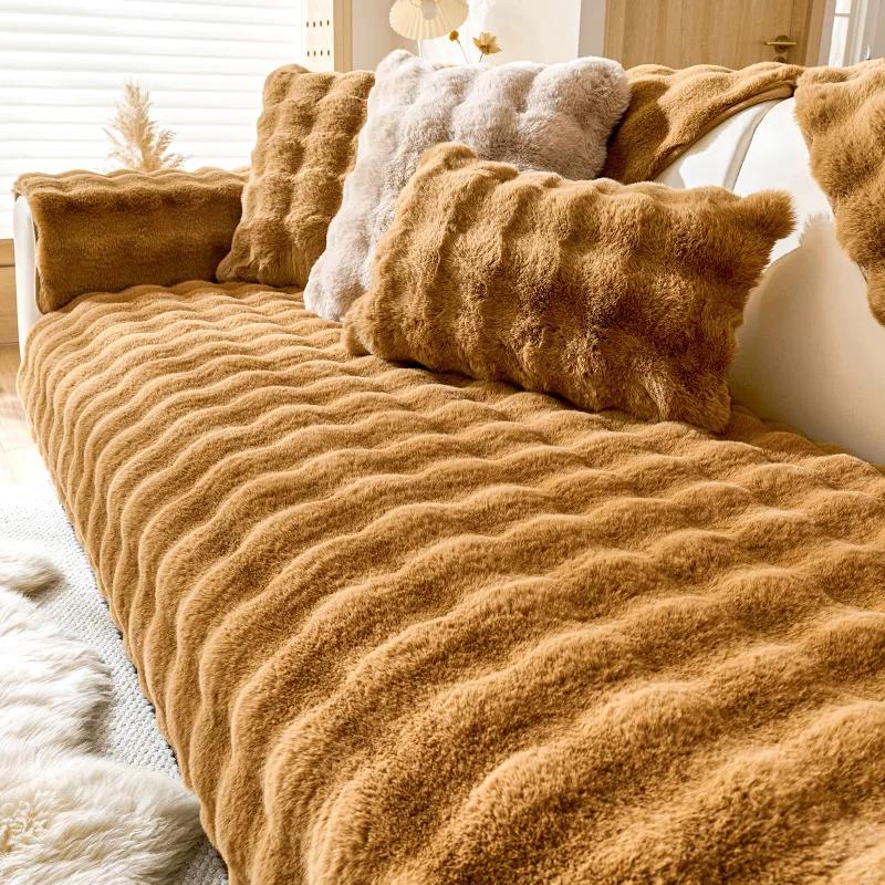 Thicken Imitation Rabbit Fur Plush Sofa Slipcover Non-slip Soft Sofa Towel Couch Cushion Cover For Living Room Modern Home Decor