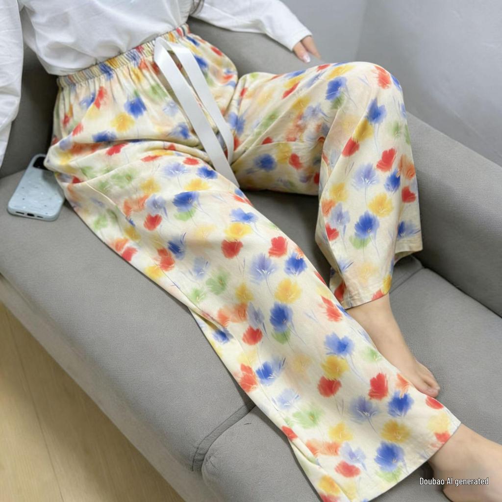 Damen-Blumen-Baumwoll-Seiden-Pyjama - Große Größen, Sommer, Leicht, Für draußen, Gerades Bein, Lockerer Schnitt