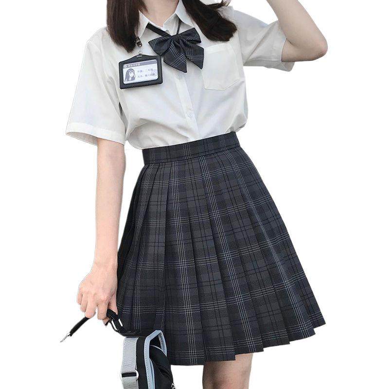 Tsu-chu Original Plaid Pleated Skirt & White Top Set - Japanese School Uniform Style