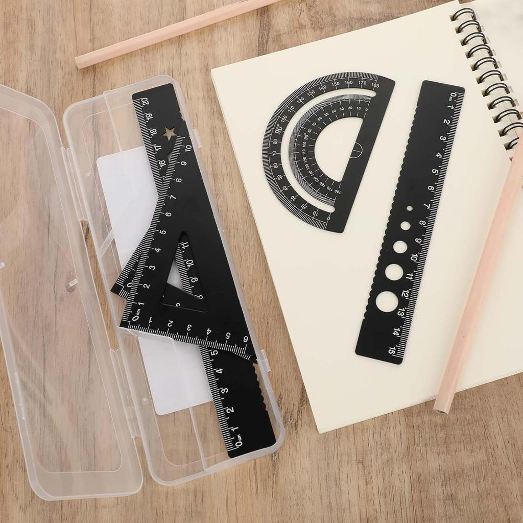 5Pcs Metal Geometry Set, Math Drafting Ruler Kit Aluminum Triangle Rulers Metal Ruler Drafting Tools, Metal Triangular Scale Ruler Set, Protractor,
