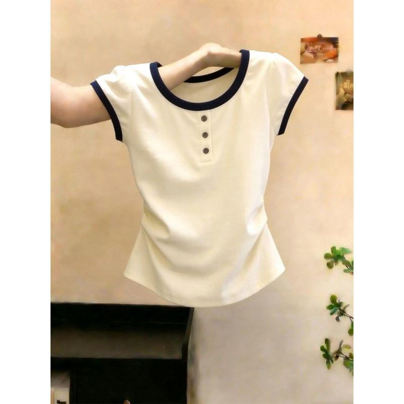 

Color-Blocked Round Neck Short-Sleeve T-Shirt for Women, 2026 Summer New Fashion, Simple and Elegant, Waist-Cinching with Buttons, Exquisite Top White S