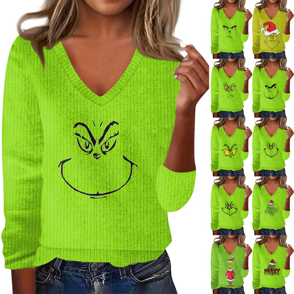 Women's Cute Sweatshirt Knitted Fashion Casual V-neck Long-sleeved  Cozy Print Top