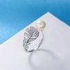 Gica Gema 100% 925 Sterling Silver Sparkling High Carbon Diamond Feather 8mm Pearl Rings For Women Engagement Party Fine Jewelry