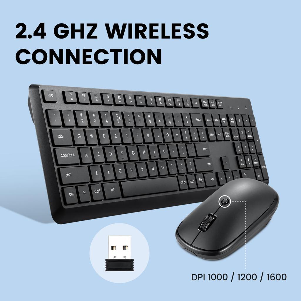 Perixx Wireless Keyboard and Mouse Full Size PERIDUO-716 Set, Black,