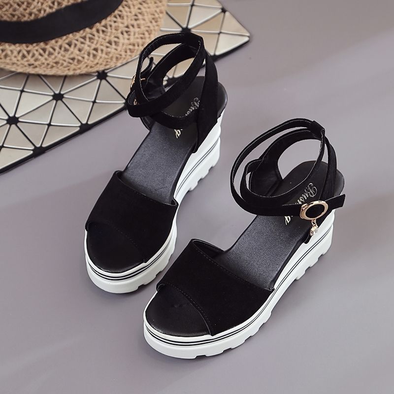 

Летние корейские туфли на высоком каблуке в римском стиле, женские сандалии на толстой подошве, обувь на перекрестной платформе, удобные уличные сандалии 35 чёрный