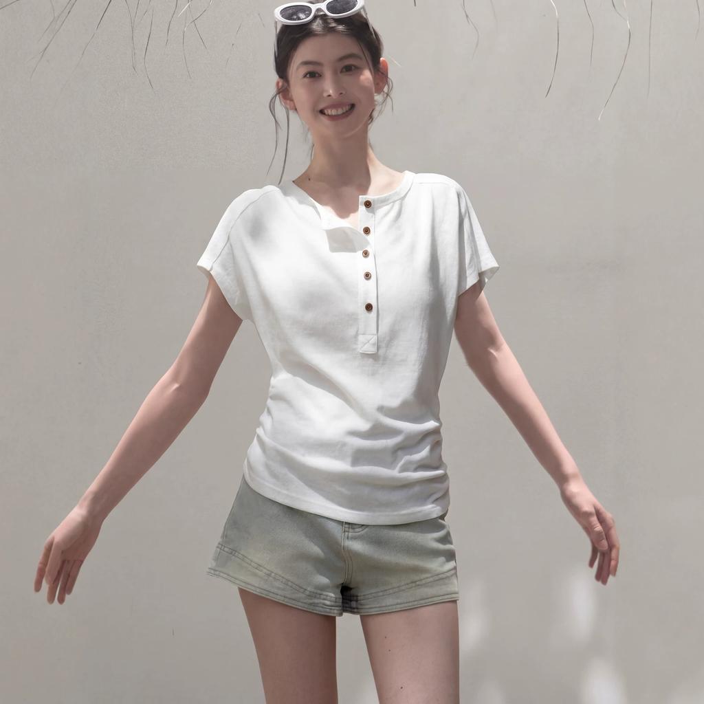 French white Henry collar front shoulder waist short-sleeved T-shirt women's summer unique design loose and thin t-shirt top