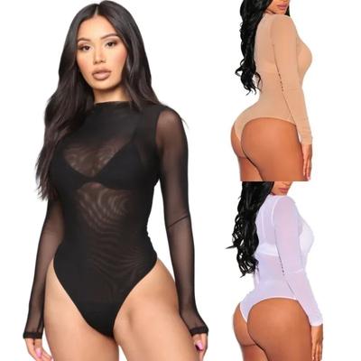 Elastic Female Sexy Sheer Mesh See Through Open Crotch One-Pieces Bodysuits Lingerie Tops For Women Plus Size Xxxl Spring Autumn