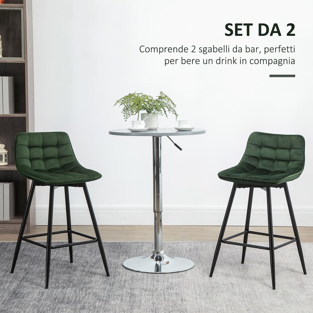 Set of 2 Bar Stools with Backrest and Footrest Nordic Style In Metal and Velvet, Green, 45x47x84cm