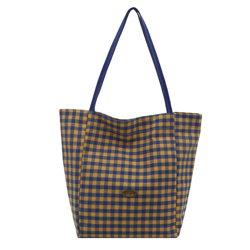 

Fresh contrasting color double-sided canvas bag large-capacity embroidery high-end shoulder bag sweet plaid bag student commuter bag синій