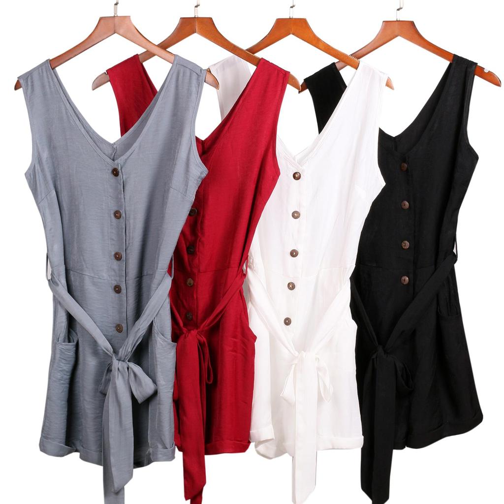 Women Summer Clothes Off Shoulder Belted Tunic Sleeveles Playsuit Solid Casual V-neck Short Home Jumpsuit