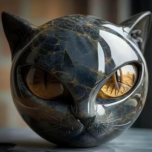

Luxury Black Cat Stone Sculpture Black Obsidian Crystal Gemstone Cat Resin Cat Head Marble Texture Cat Stone Decor