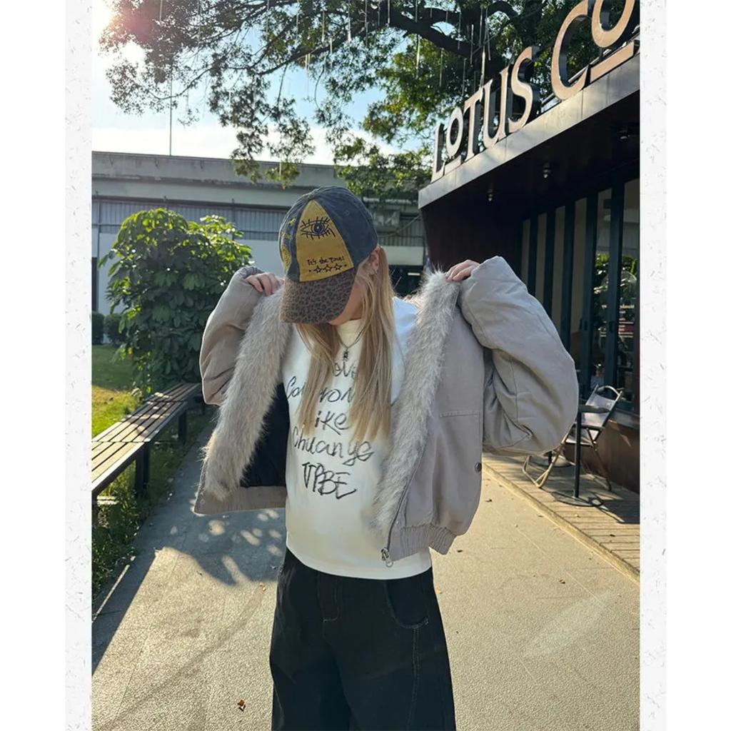 2KWEIRD American Retro Fur Collar Hooded Jacket Women Y2K Streetwear Winter New Velvet Thickened Warm Harajuku Loose Casual Jacket