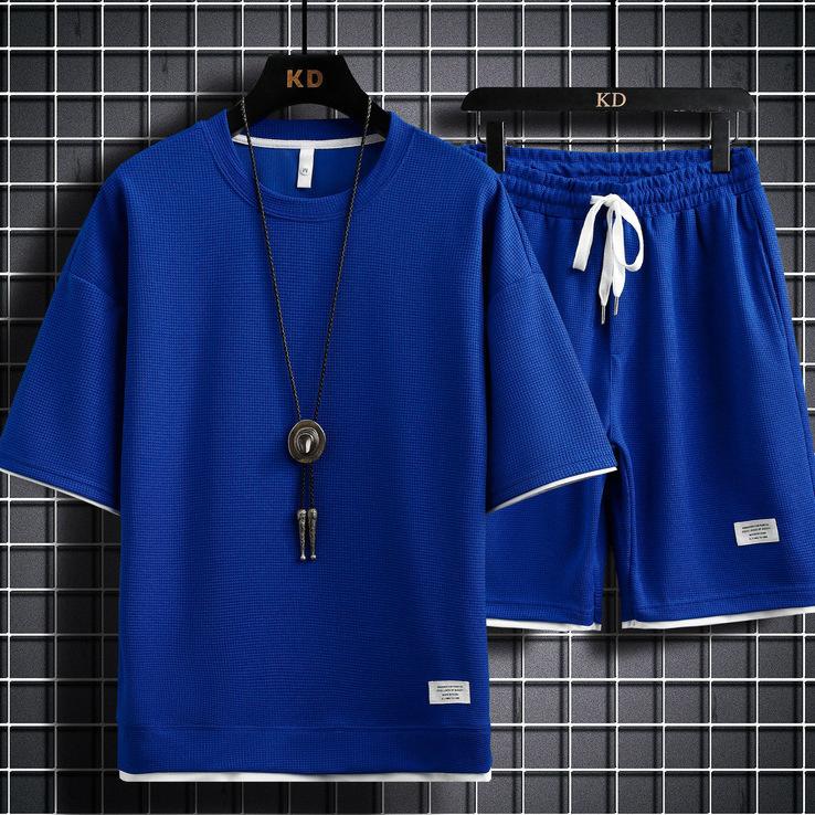 Men's Waffle Summer Suit Casual T-shirt + Shorts Suit Men's Tracksuit Solid Color Tracksuit