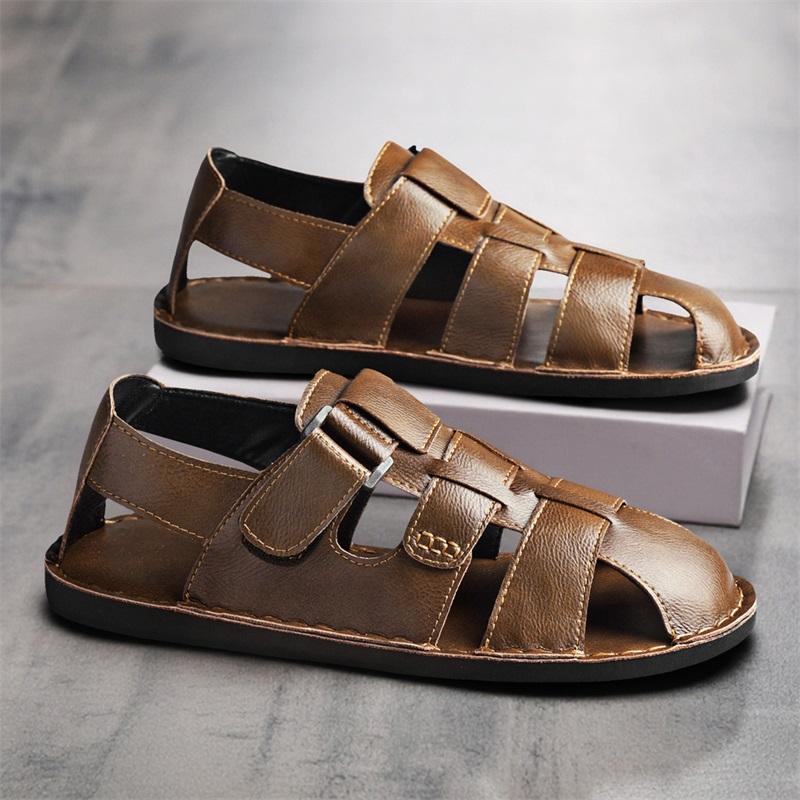 

Men Handmade Simple Flats Sandals Summer Roman Sandals Retro Black Brown Leather Beach Shoes Plus Size EU:48 коричневий