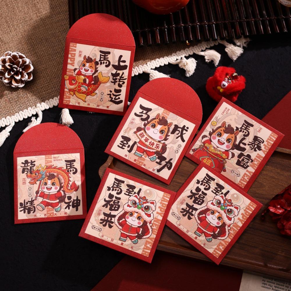 6Pcs Cartoon 2026 Horse Year Red Envelope Paper Red Pocket Cute Lucky Money Bag  Lunar New Year