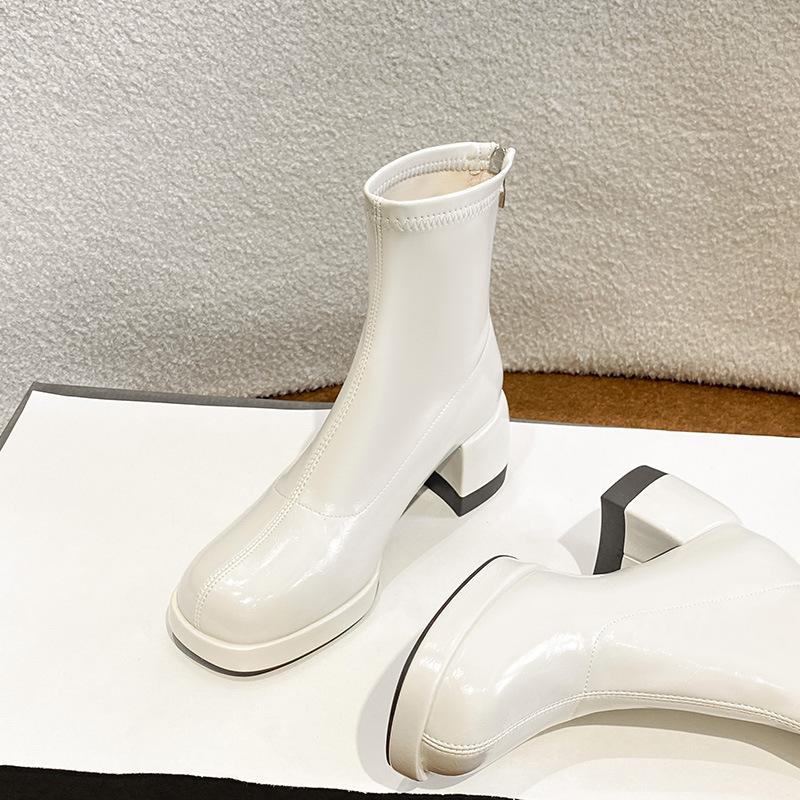 Off-white Martin boots for women's autumn and winter new sweet thick-heeled short boots, thin high-heeled boots for women