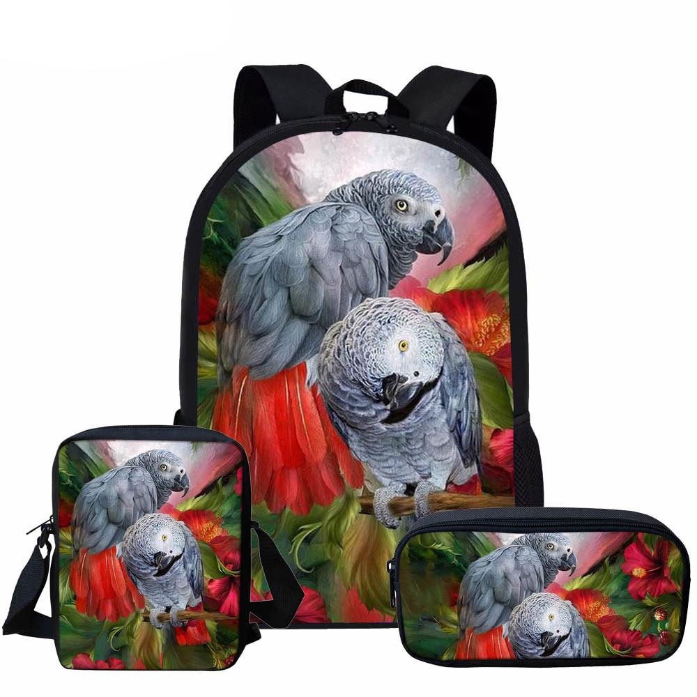 Classic Novelty Parrot Bird Pattern 3D Print 3pcs/Set School Bags Laptop Daypack Backpack Inclined Shoulder Bag Pencil Case
