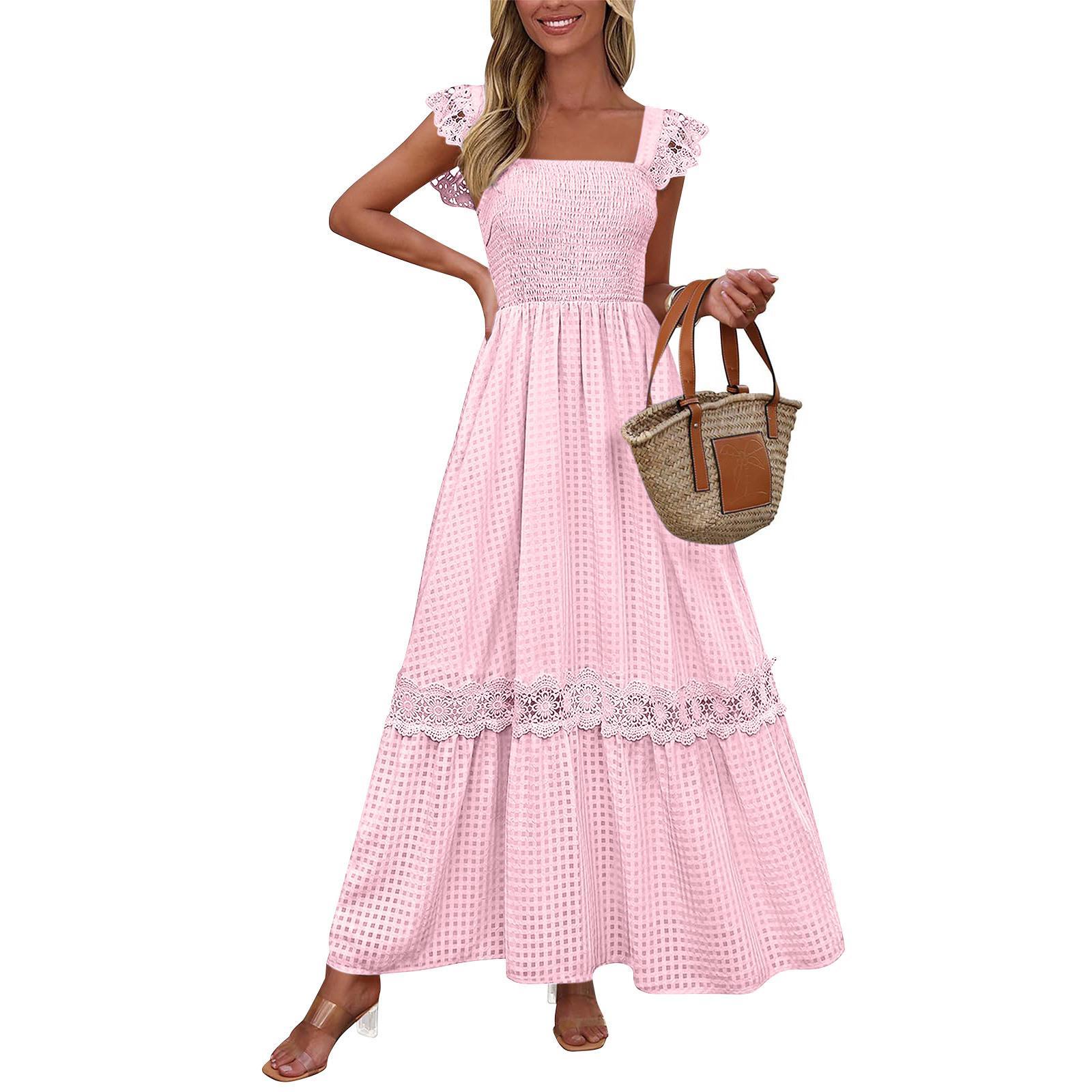 

Women s Fashionable Color Square Neck Sleeveless Lace Patchwork Vacation Long Skirt Dress L рожевий