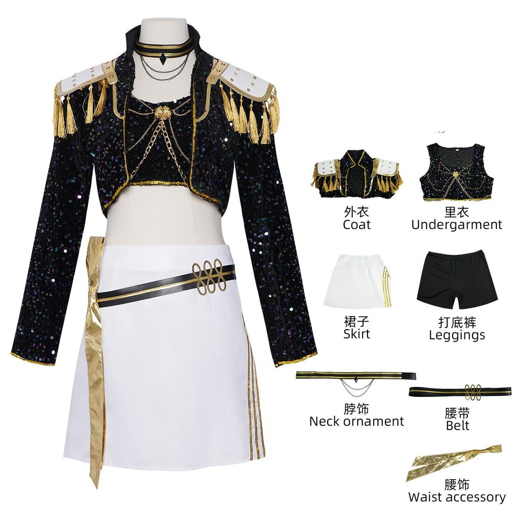 Rumi Zoey Mira Cosplay KPop Dämonenkostüm Jägerinnen Damen Schwarz Goldener Anzug Saja Jungen Halloween Rollenspiel Outfits