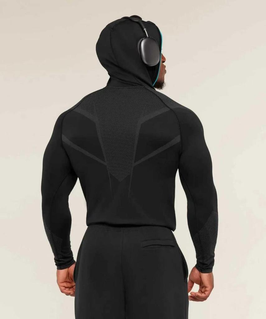 GYMSHARK Men's Onyx High Stretch Long Sleeve Hooded Fitness T-shirt