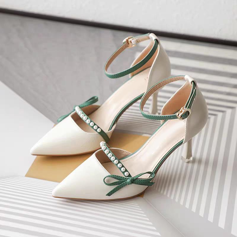 French bow bag head sandals women's summer new one-word with hollow high heels women's thin heel pointed single shoes