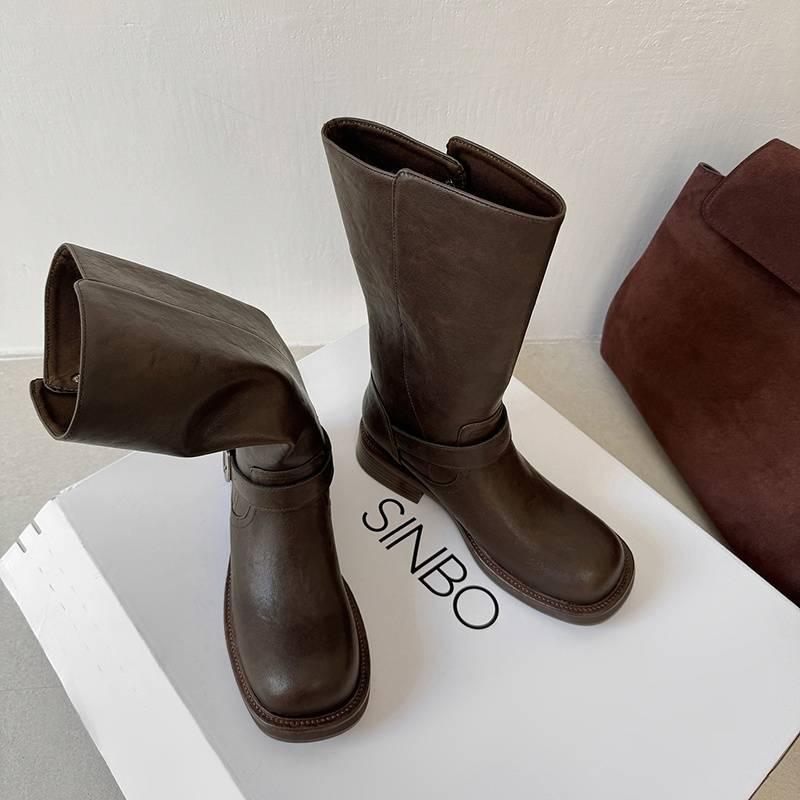 Autumn and winter women's leather boots leather large size medium heel thick bottom non-slip versatile high boots sleeve cowhide knight boots women