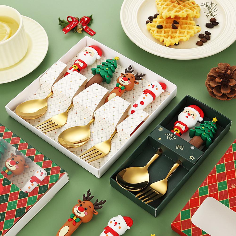 4 STÜCKE Weihnachtsgeschirr Edelstahl Besteck Dessertgabel Kaffeelöffel Weihnachtsmann Besteck Mit Luxus Geschenkbox Für Weihnachten