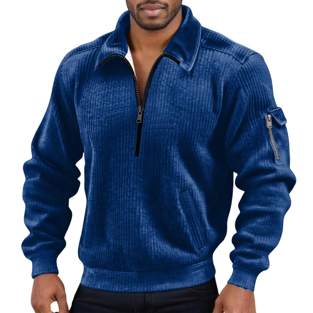 Men's Solid Color Corduroy Zipper Neck Long Sleeve Top Men's Casual Lapel Top
