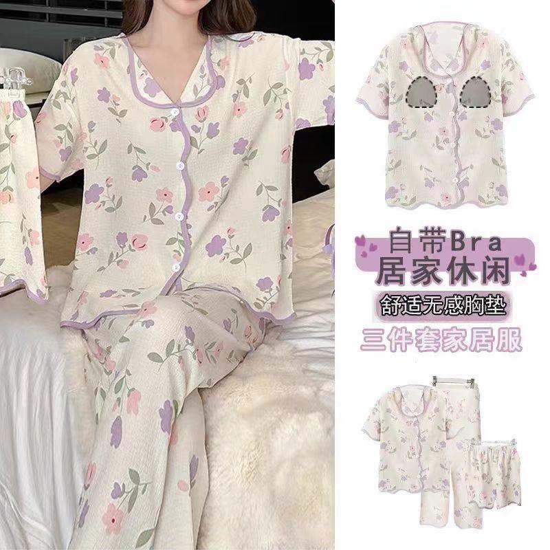 Pajamas for Women Ins Princess Style Short-sleeved Trousers Three-piece Set Home Clothes