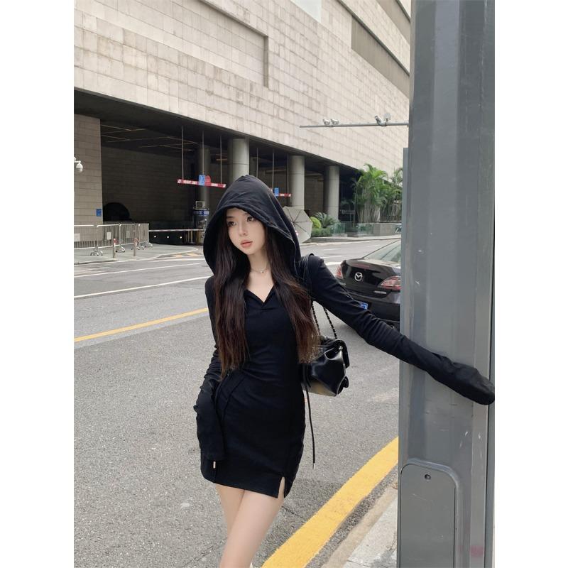 Frühling Herbst Einfarbig Sexy Mode Slim Bodycon Mini Sweatshirt Kleid Damen Langarm Kapuze Schlitz Robe Vestidos