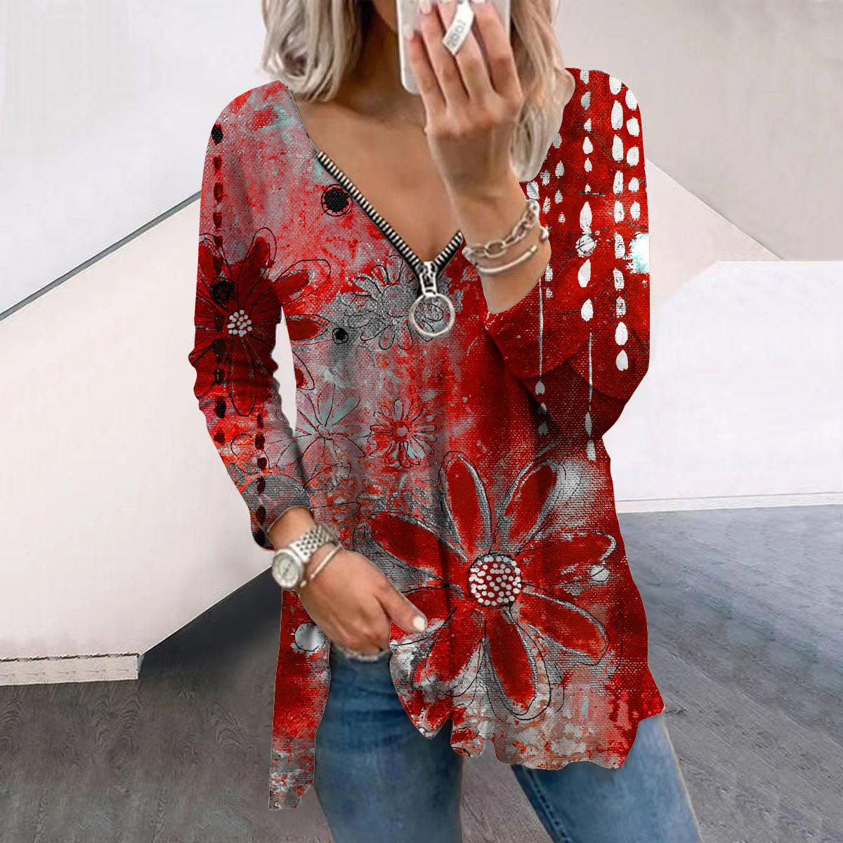 

Женские футболки с длинным рукавом и принтом в виде блестящих хризантем, осенние, свободные, с V-образным вырезом, больших размеров, удобные блузки 8XL красный