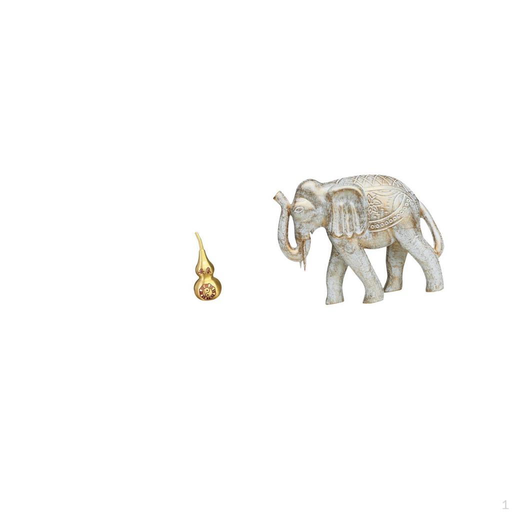 Brass Gourd And Wooden Elephant Statue Feng Shui Ornament Rustic Animal Figurine Souvenir